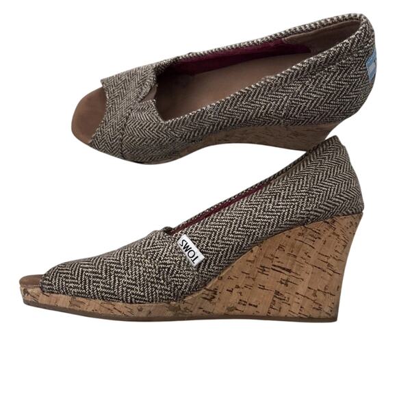 TOMS Stella Calypso Brown Metallic Herringbone Tweed Peep Toe Cork Wedge - Picture 1 of 4